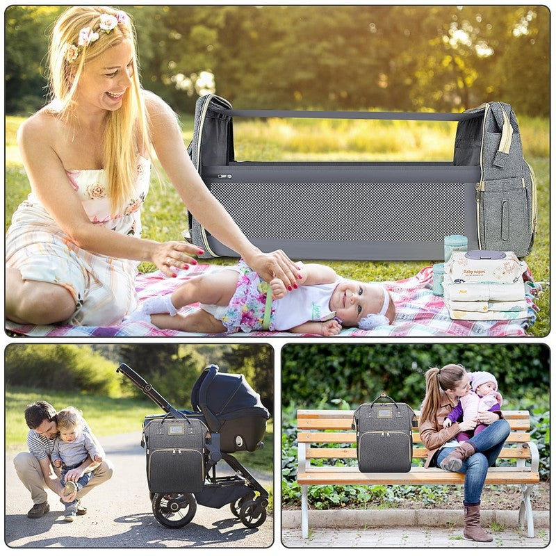 Diaper Bag Backpack w/ Crib, USB, Bottle Pocket, Changing Pad – Gray6