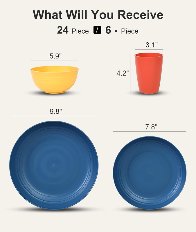 24 Piece Unbreakable Dinnerware Set Plates Bowls for 6 Camping Multi Color1
