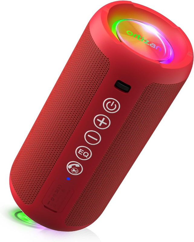 Portable Bluetooth Speaker 24W, IPX7, Deep Bass, LED, 30H Playtime, Red8