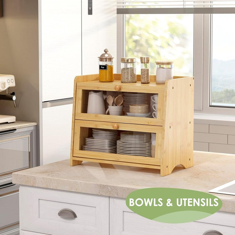 Double Layer Bamboo Bread Box Large Wooden Farmhouse Bread Storage Windows5