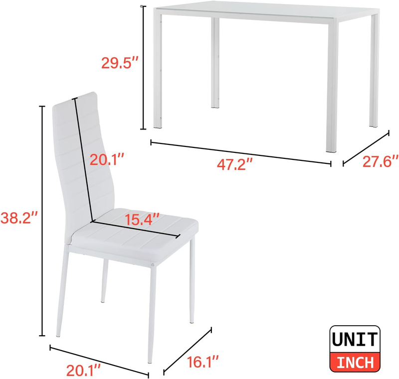 5 Piece Dining Table White Glass Table 4 Upholstered Faux Leather  Easy Assembly2
