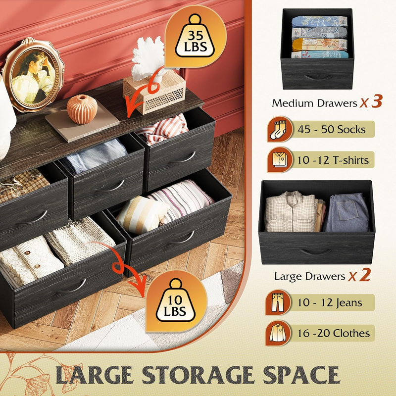 5 Drawer Fabric Dresser Chest Storage Organizer Wood Grain Charcoal Black4