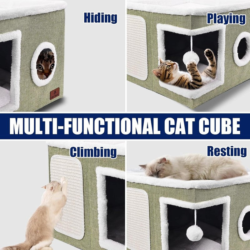 Cat Cave Bed for Indoor Cats – Foldable Cat House with Scratch Pad Green6