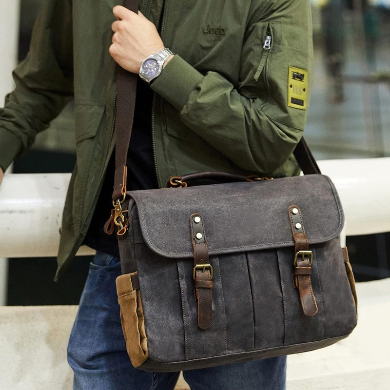 Men's 15.6" Vintage Canvas Leather Laptop Messenger Bag Dark Gray Satchel2