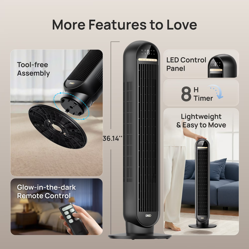 Tower Fans for Home, 36" Standing Floor Fan with Remote, 90° Oscillating Fan, 281