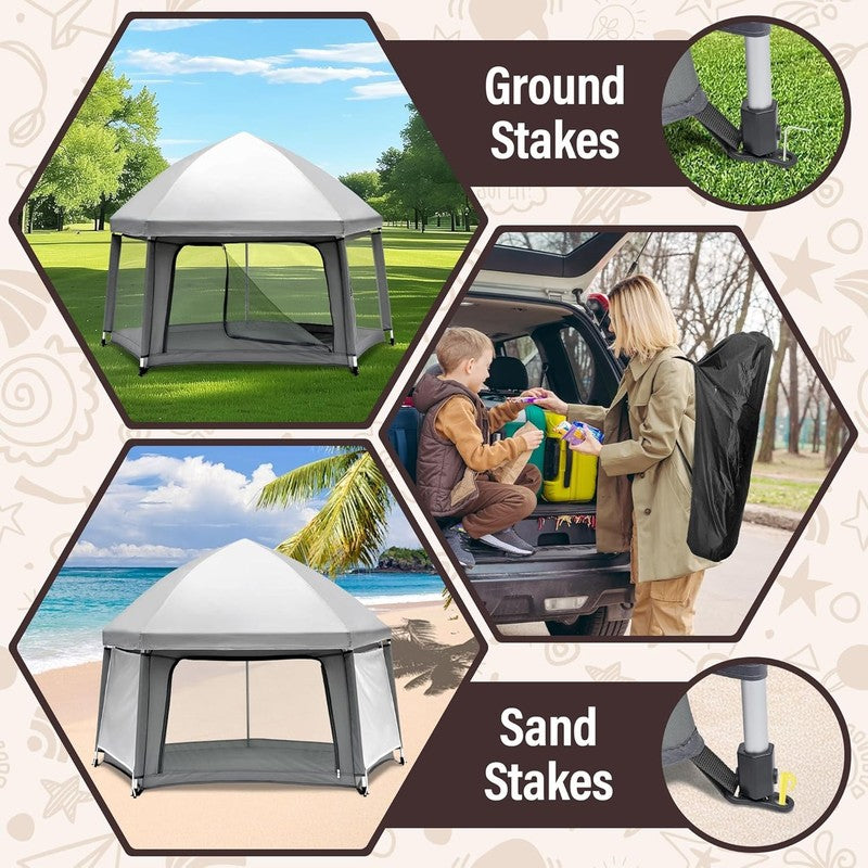 Portable Baby Playpen with Self-Inflating Mat & Travel Bag - Grey4
