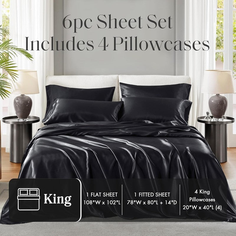 Luxury Satin Sheet Set, King Size, Black, 6 Pieces, Fits Up to 16" Mattress5