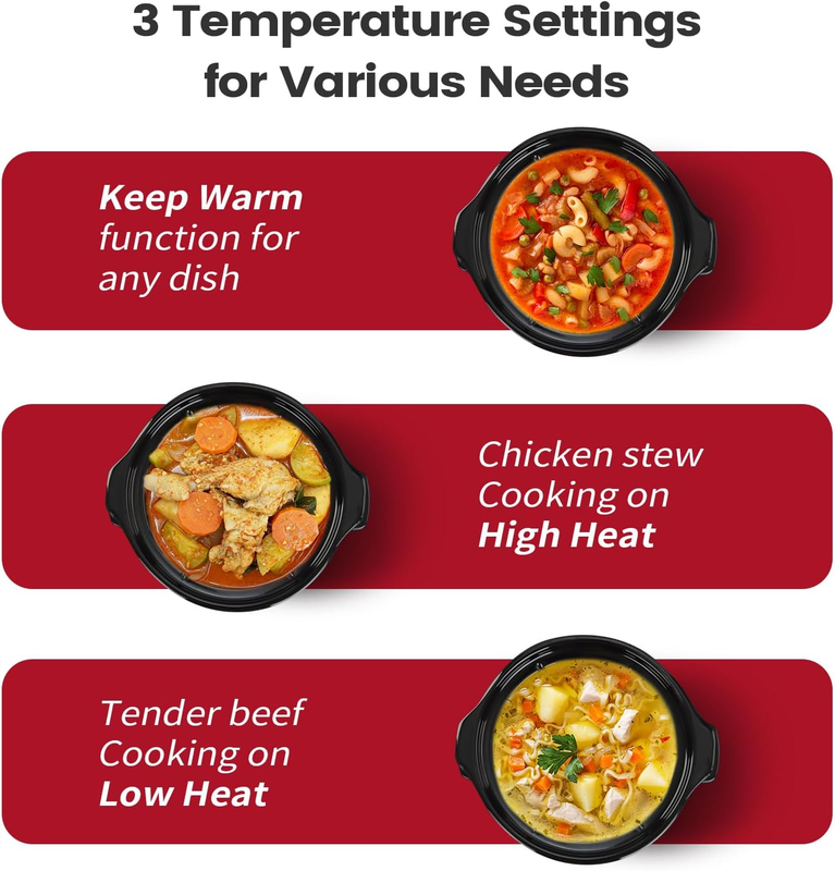 2Qt Small Slow Cooker Ceramic Adjustable Temp Stainless Steel Red3