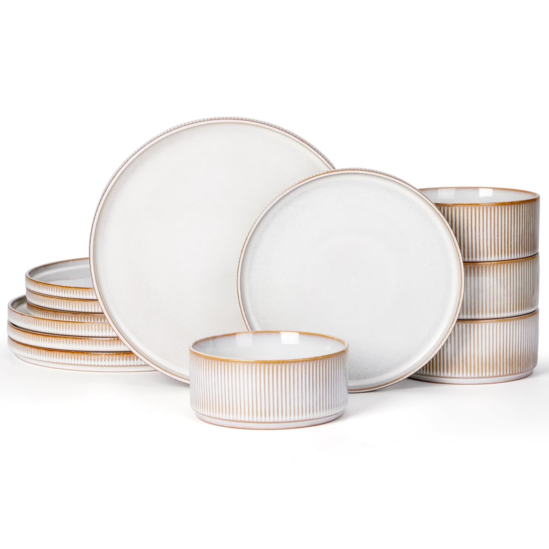 Dinnerware Set for 4, 12 Piece Premium Stoneware Ribbed Dishes with Reactive Gla10