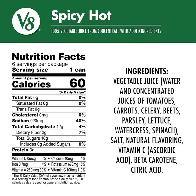Spicy Hot 100% Vegetable Juice, 11.5 Fl Oz Can (24 Pack)1