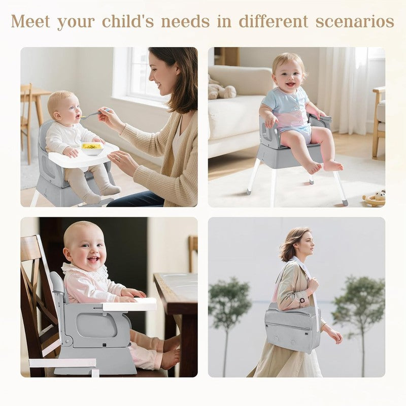 5 in 1 Foldable Baby High Chair Toddler Booster Seat w/ Tray & Harness Grey6