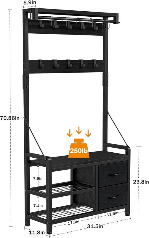 Hall Tree Entryway Bench with Coat Rack & Storage 5-in-1 Black 31.5"5