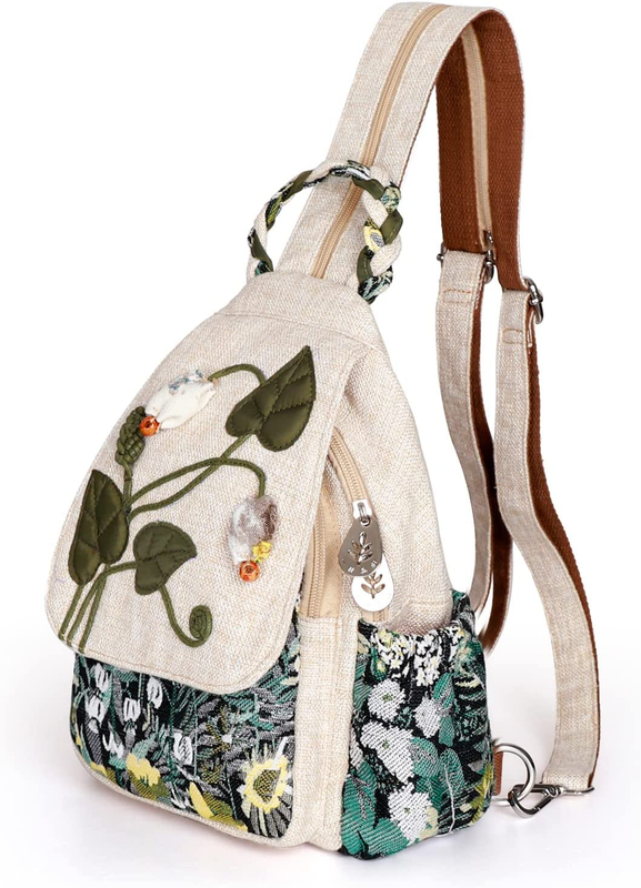 Women Convertible Sling Bag Canvas Mini Backpack Artisan Handcrafted Green Marsh0
