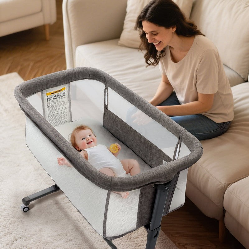 Baby Bassinet with Wheels Grey Height Adjustable Bedside Sleeper for Newborns0