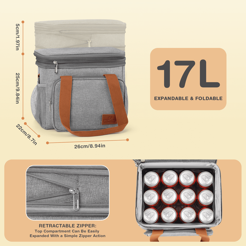 17L Insulated Lunch Bag Expandable Double Deck Cooler Tote Leakproof Work Gray1