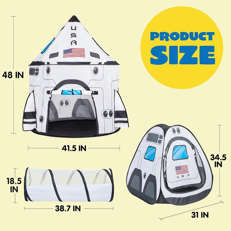 White Rocket Ship Pop up Play Tent with Tunnel and Playhouse Kids Indoor Outdoor5