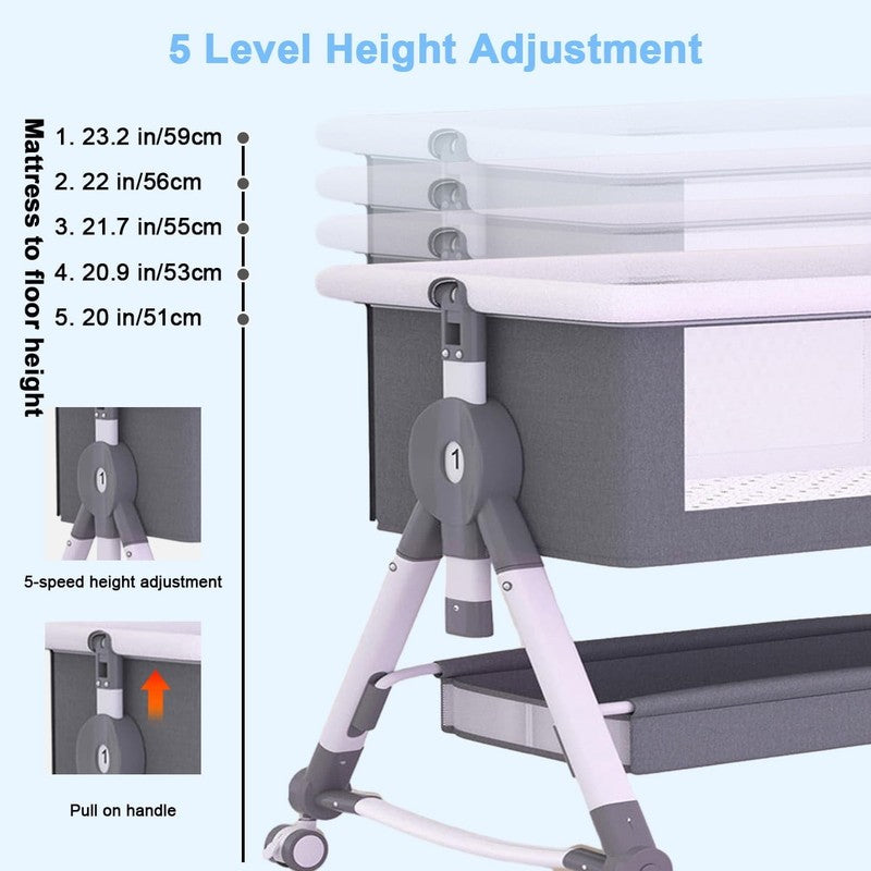 Liyufly 4 in 1 Baby Bassinet Gray Bedside Crib w/ Storage, Wheels, Changer4