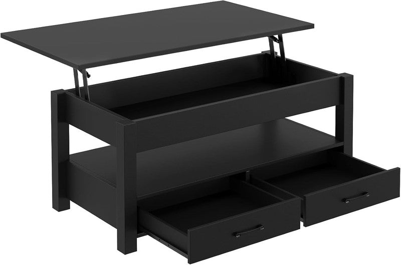 Lift Top Coffee Table w/ Drawers Hidden Compartment Retro Wooden Black7