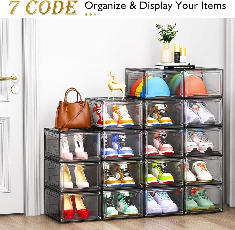12 Pack Clear Stackable Shoe Boxes with Magnetic Door, Foldable, Black3