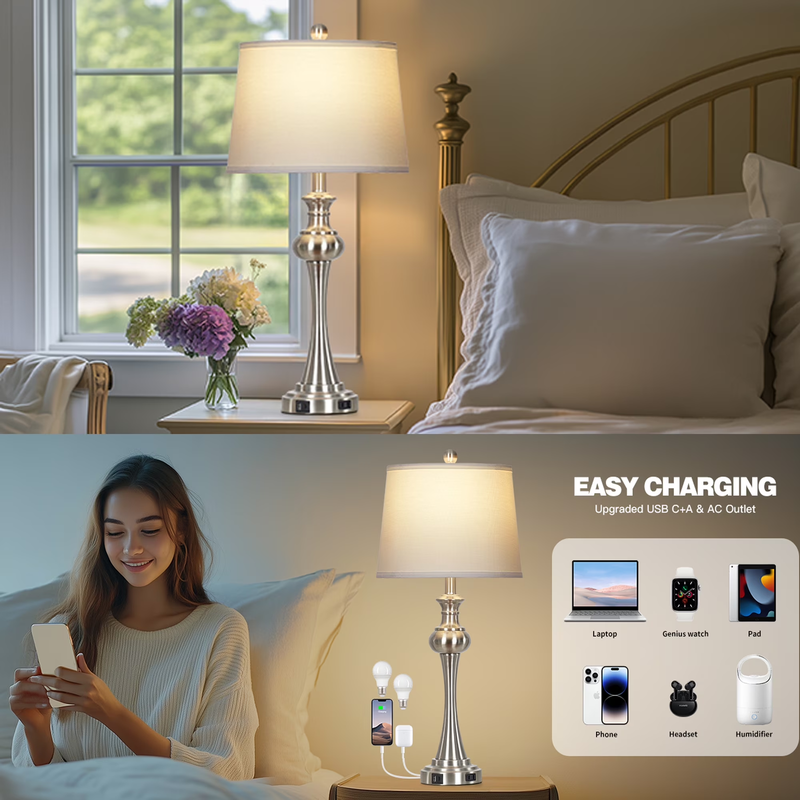 Modern Table Lamp Set of 2 with USB C+A Ports AC Outlet for Bedroom Living Room 4