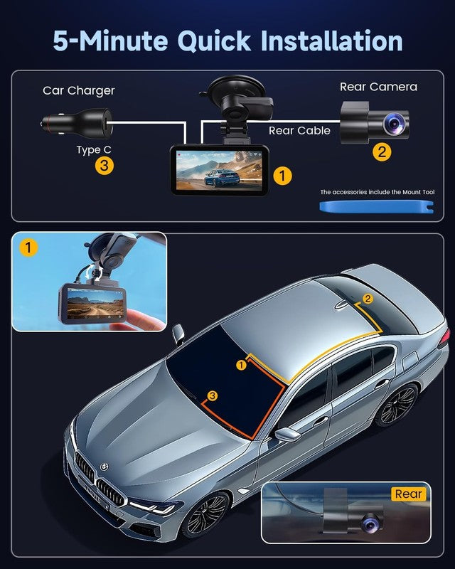 4K+1080P Front/Rear Dash Cam 64GB Card WiFi GPS Night Vision 3" IPS Screen8