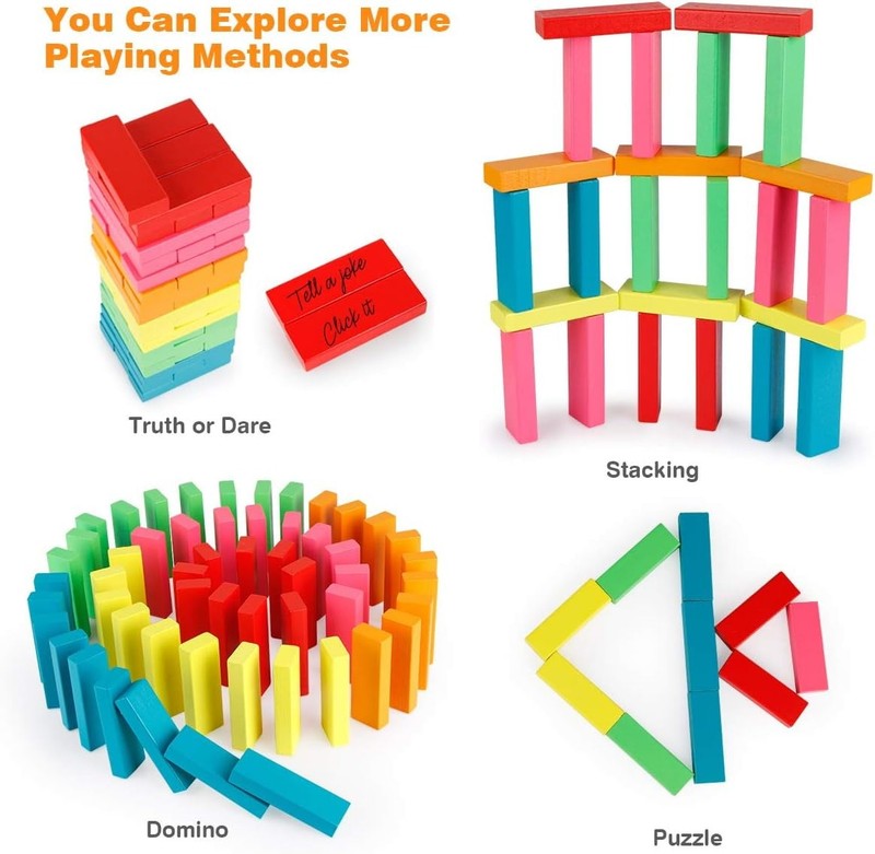 Wooden Blocks Stacking Game with Storage Bag, Toppling Colorful Tower Building B5