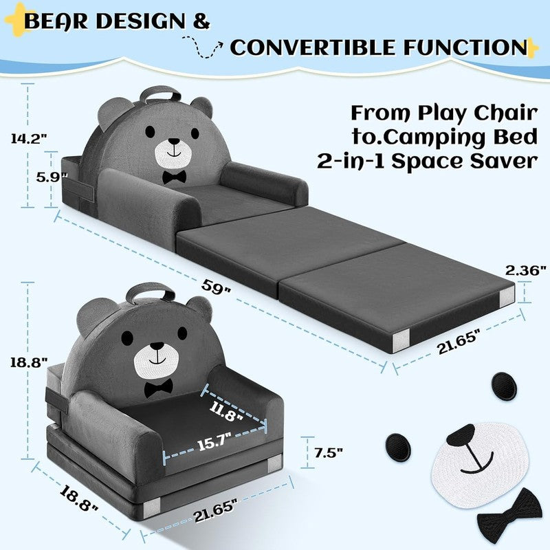 Kids Foldable Sofa Bed w/ Washable Cover, Crystal Velvet Toddler Chair Gray2