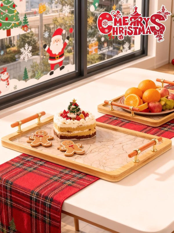 16" X 12" Bamboo Serving Tray with Handles – Marble Pattern Decorative Rectangle1