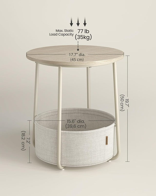 Small Round Side Table Nightstand with Fabric Basket Cream White2