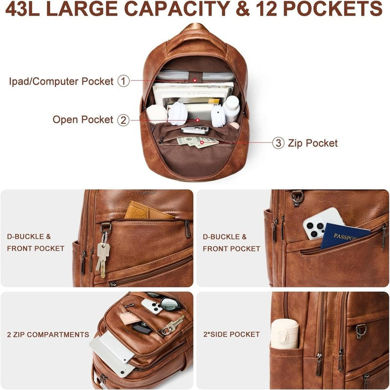 43L Backpack for Women Men - Vegan Leather Backpack Purse Travel Carry-On Bag Co3