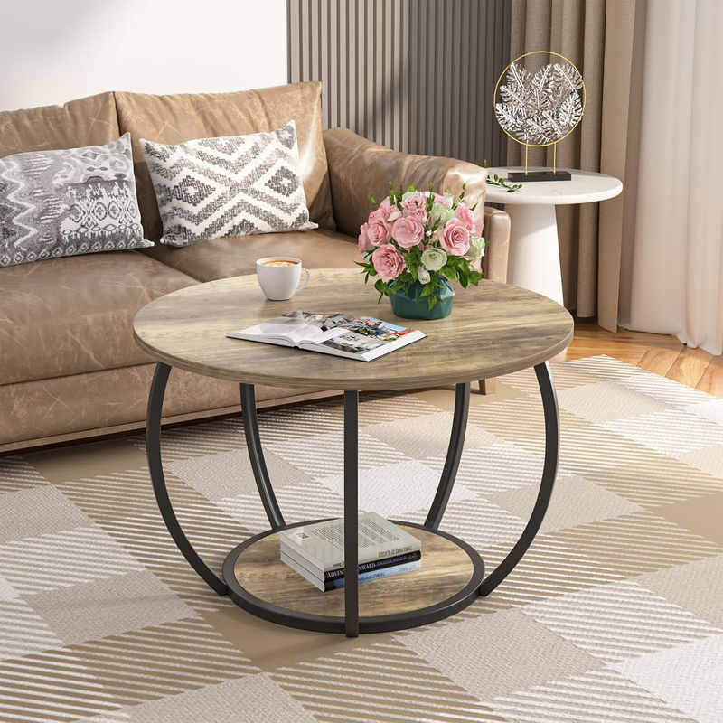 Round 2 Tier Coffee Table with Storage 27.6" Adjustable Feet, Grey Wash7
