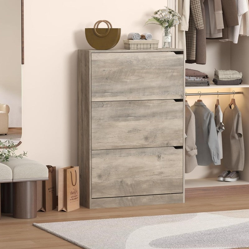 47'' Shoe Cabinet 3 Flip Drawers Slim Wood Storage Rack Organizer Entryway Grey3