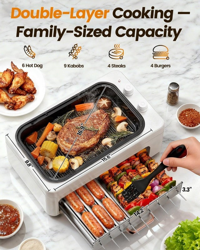 4 in 1 Smokeless Indoor Electric Grill w/ Rotating Skewers & Hot Dog Roller4