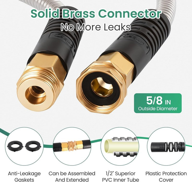Cesun 50Ft Metal Garden Hose, Stainless Steel, No Kink, Lightweight, 5/8"6