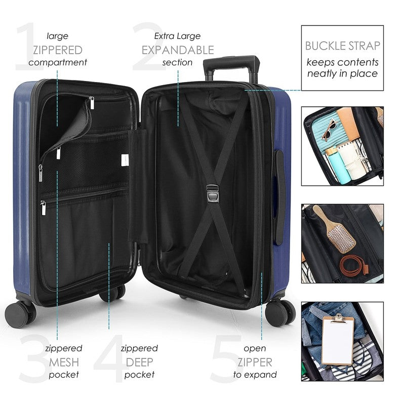 Hard Shell Carry on Suitcase, Expandable Hardside Luggage with Front Pocket, Nav7