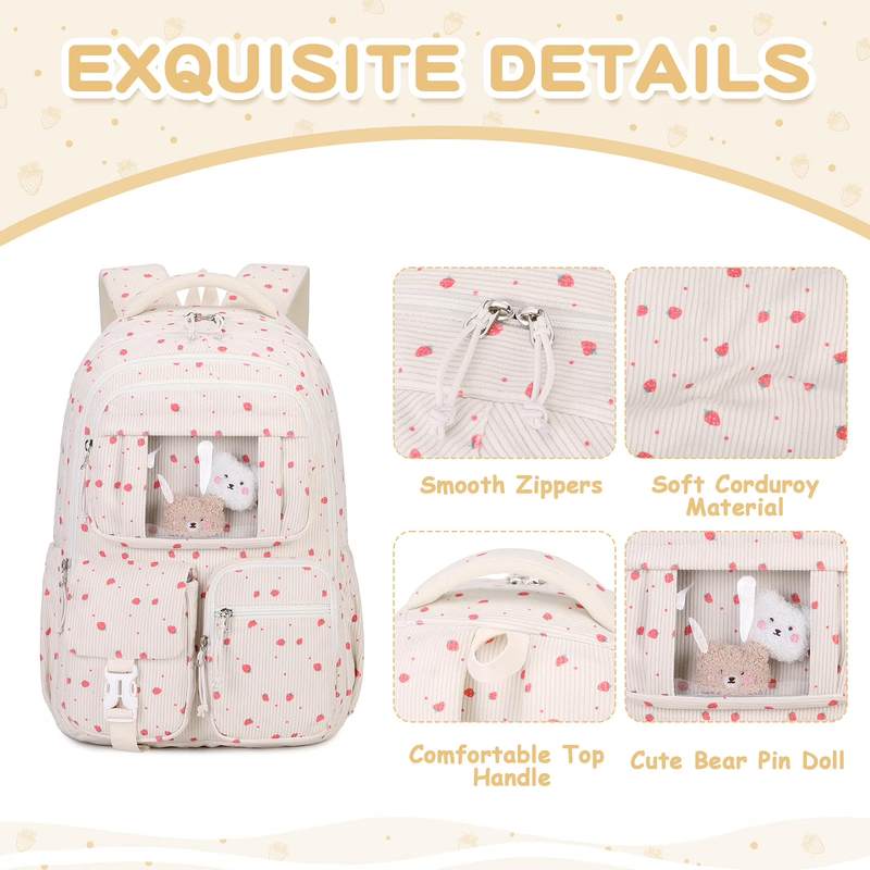 Beige Strawberry Corduroy Kawaii Ita School Backpack2