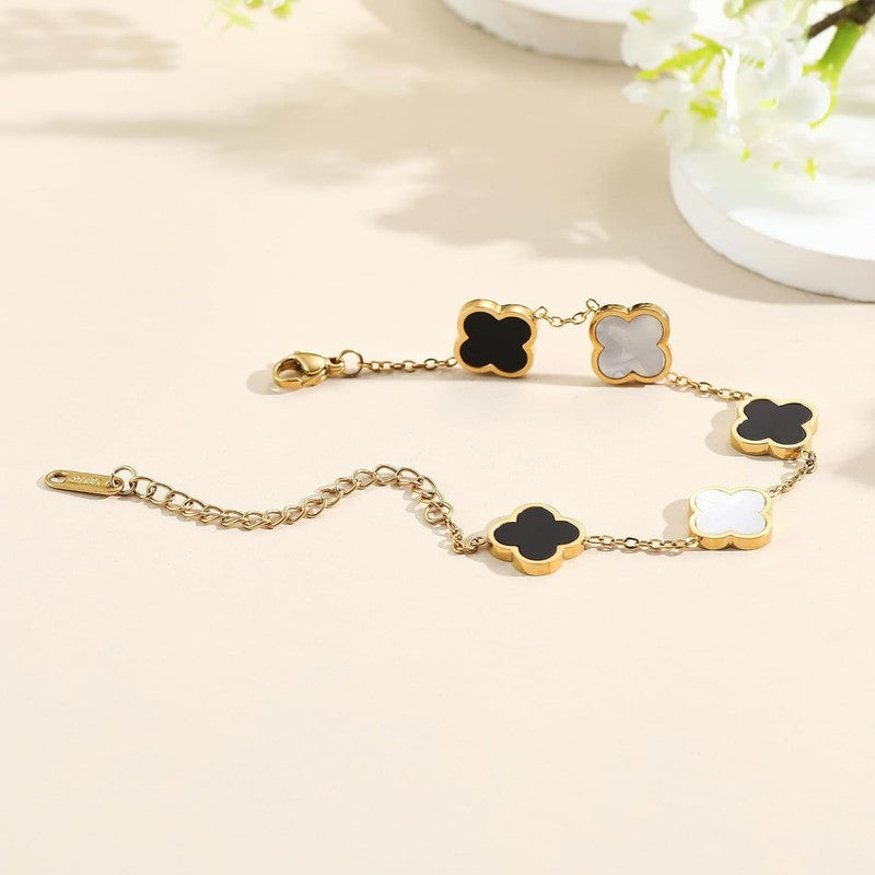 18K Gold Plated Clover Bracelet Women 4-Leaf Flower White Black2