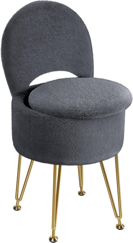 Faux Fur Vanity Stool Chair w/Storage Folding Back Ottoman Grey9