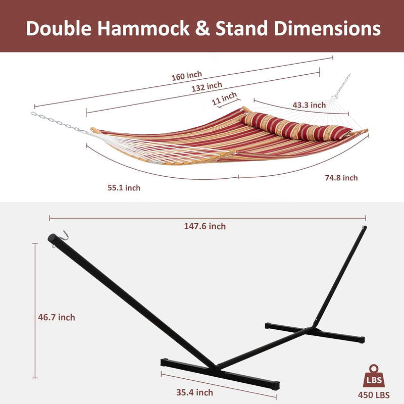 Portable Hammock w/ 12Ft Stand Double Curved Spreader Bar Red Stripes5