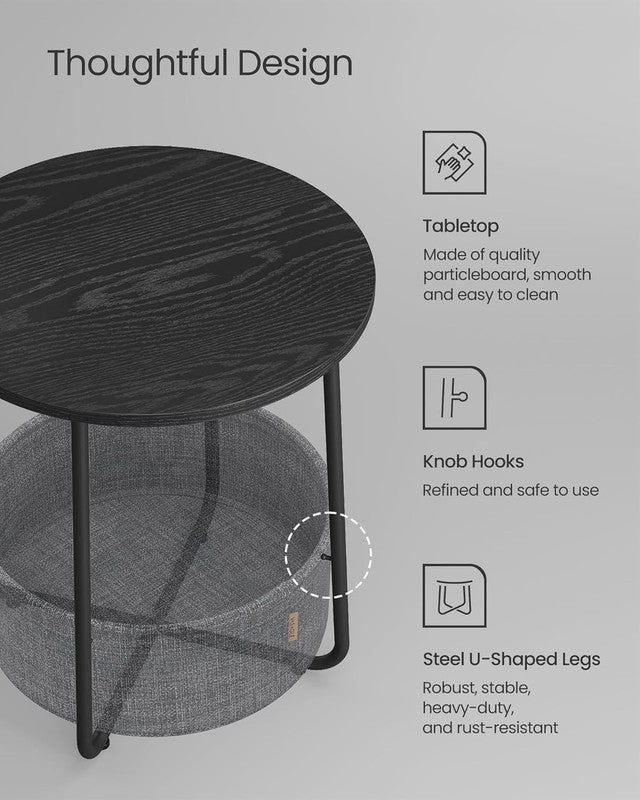 Small Round Side Table Nightstand with Fabric Basket Ebony Black Slate Gray4