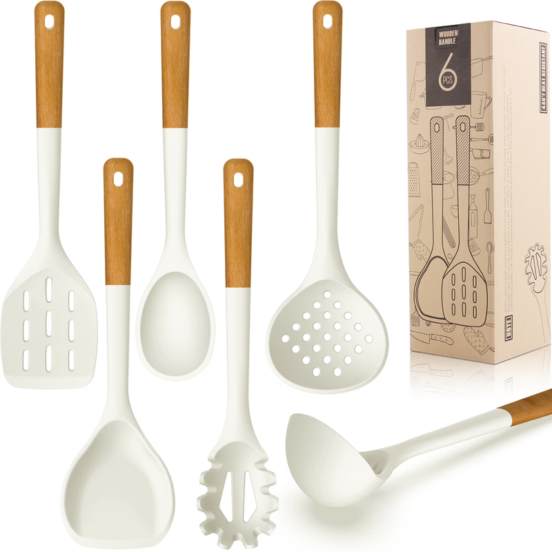 Large Silicone Kitchen Utensil Set Wooden Handle Heat Resistant Warm White10