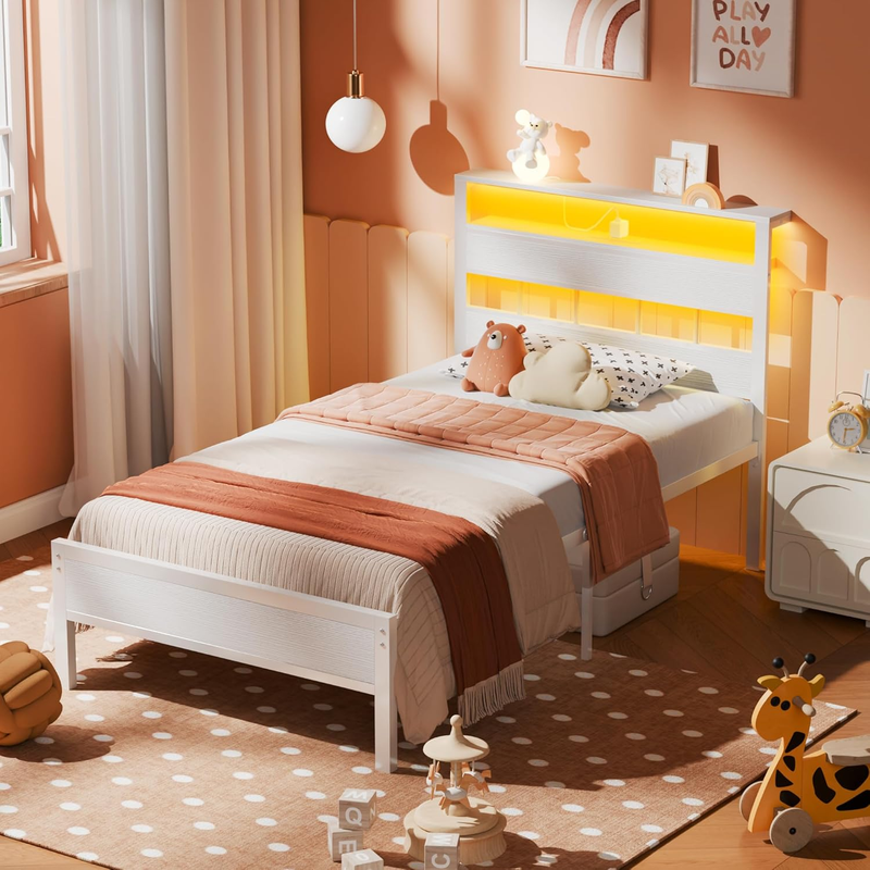 Twin Bed Frame LED Charging Station Storage Headboard Metal Slats White5