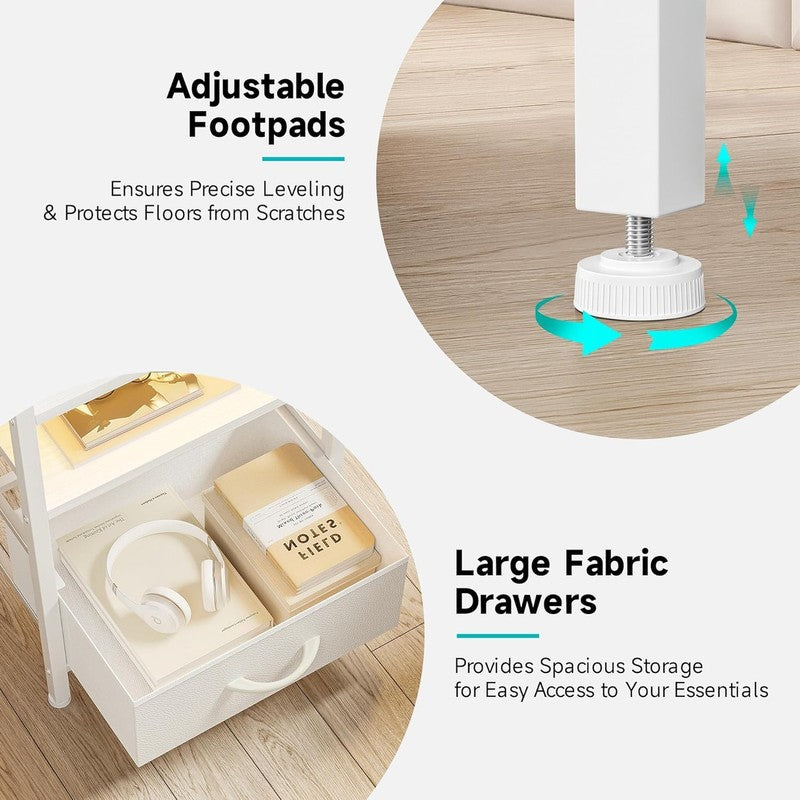White Nightstand w/ Charging Station LED Light 2 Fabric Drawers USB & AC Outlets5