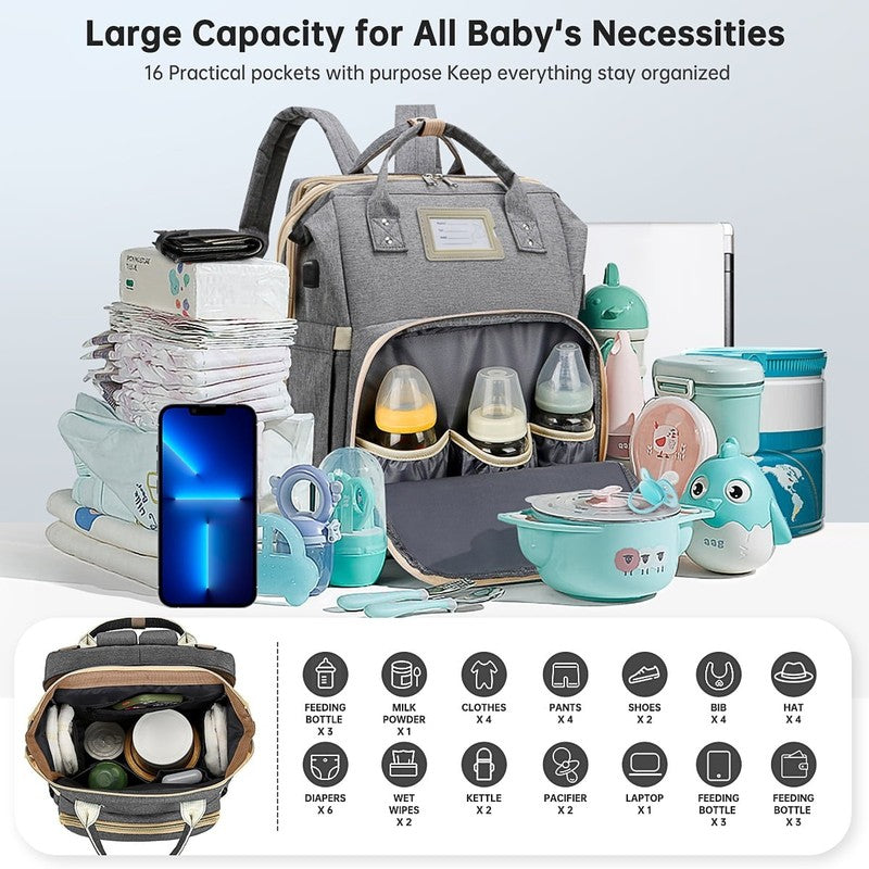 Diaper Bag Backpack w/ Crib, USB, Bottle Pocket, Changing Pad – Gray1