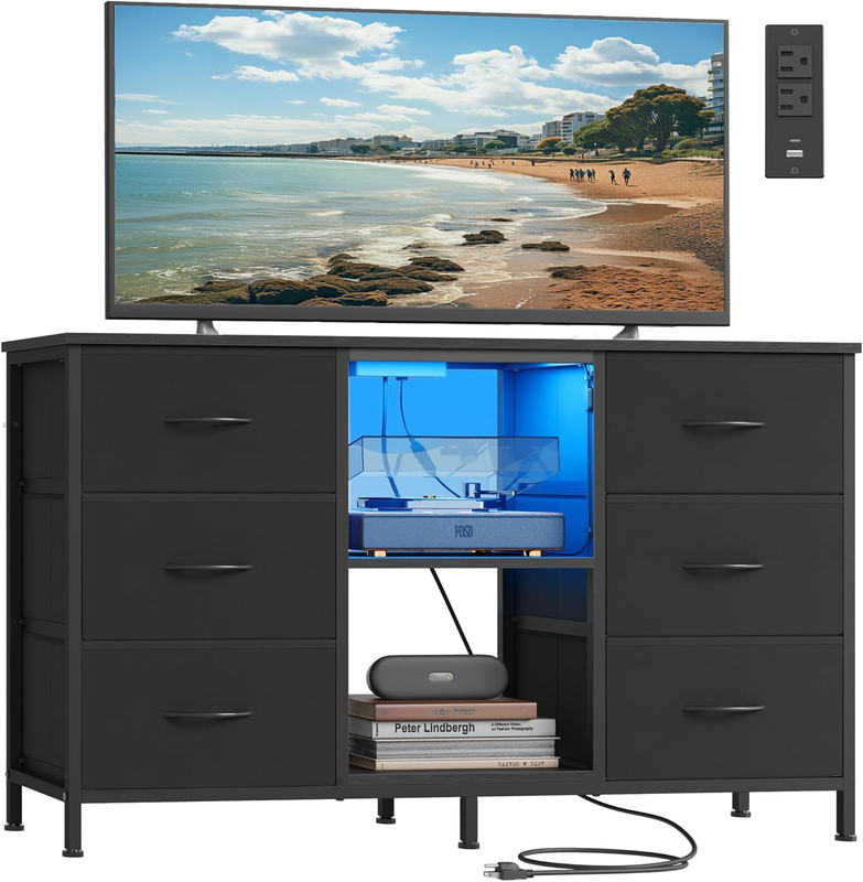 TV Stand Dresser 55 Inch TV Chest Drawers Steel 6 Drawers 2 Shelves Black6