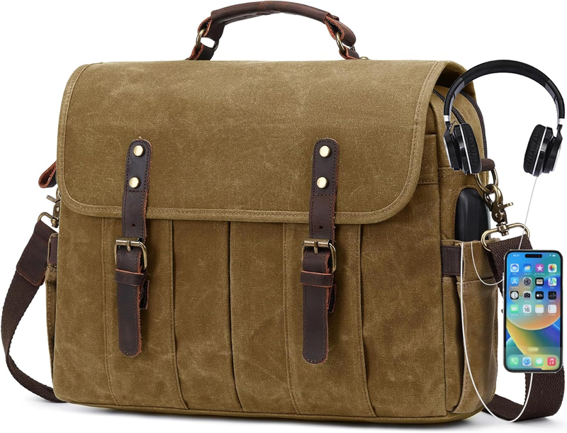 Men's 15.6" Vintage Canvas Leather Laptop Messenger Bag Khaki Satchel9