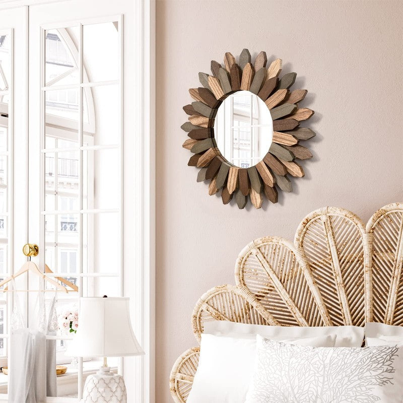 Boho Wall Decor 12 Inch Decorative Mirror with Rustic Wood Sunburst Frame, Perfe7