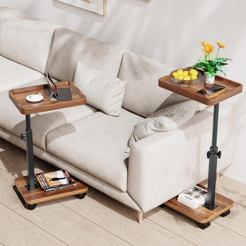 C-Shaped Swivel TV Tray Table Adjustable Height with Wheels Walnut2