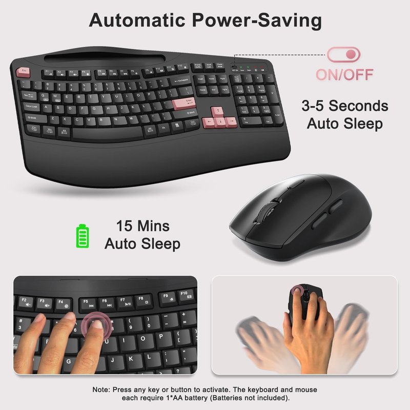 2.4G Wireless Keyboard and Mouse Combo Ergonomic Full Size Pink5
