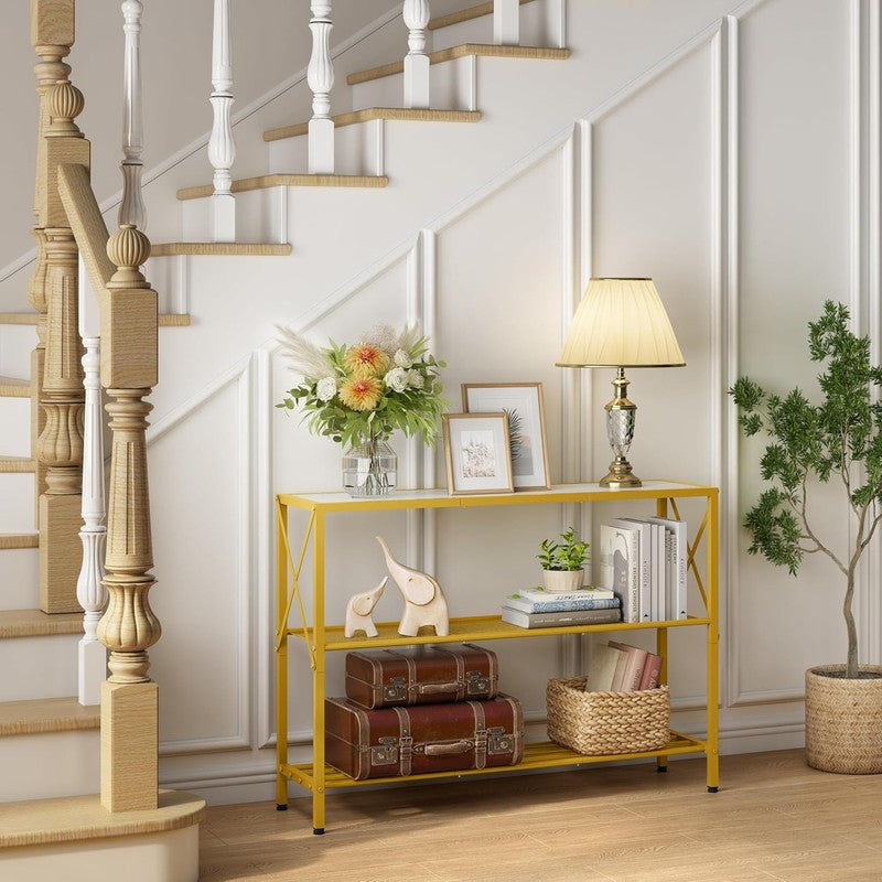 Gold Console Table 3 Tier Entryway Hallway Narrow Sofa Table White Shelves2